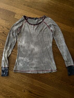 Prana Striped Long-Sleeve Tee in Black, White & Burgundy Trim